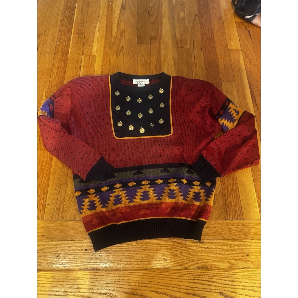 Vintage Antara Sweater Southwestern Sz 6 Coin‎ Medallion Knit Black Red Aztec